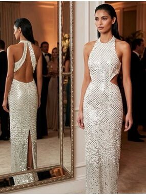 Caché Vintage Beaded Sequin Cutout Open Back Maxi Gown Dress White Silver 2